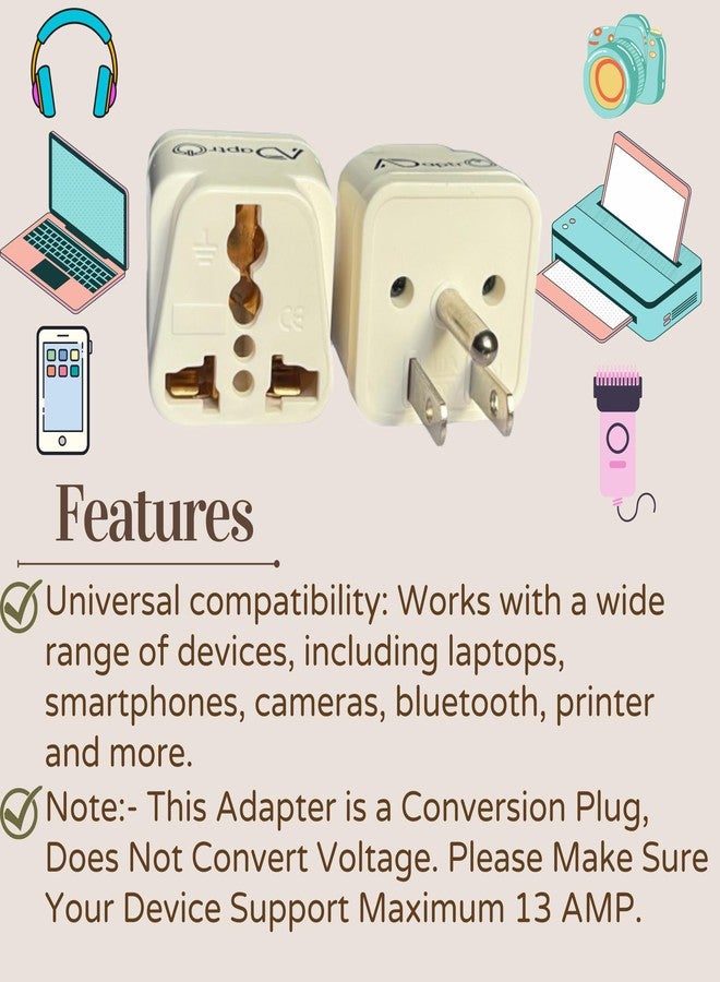 Adaptro India to USA, Japan, Canada, Plug Converter for Travel US, Philippines, Mexico, Brazil, Cuba, Thailand, Taiwan, Panama etc. Type B Universal Adapter (Pack of 2) White - Image 4
